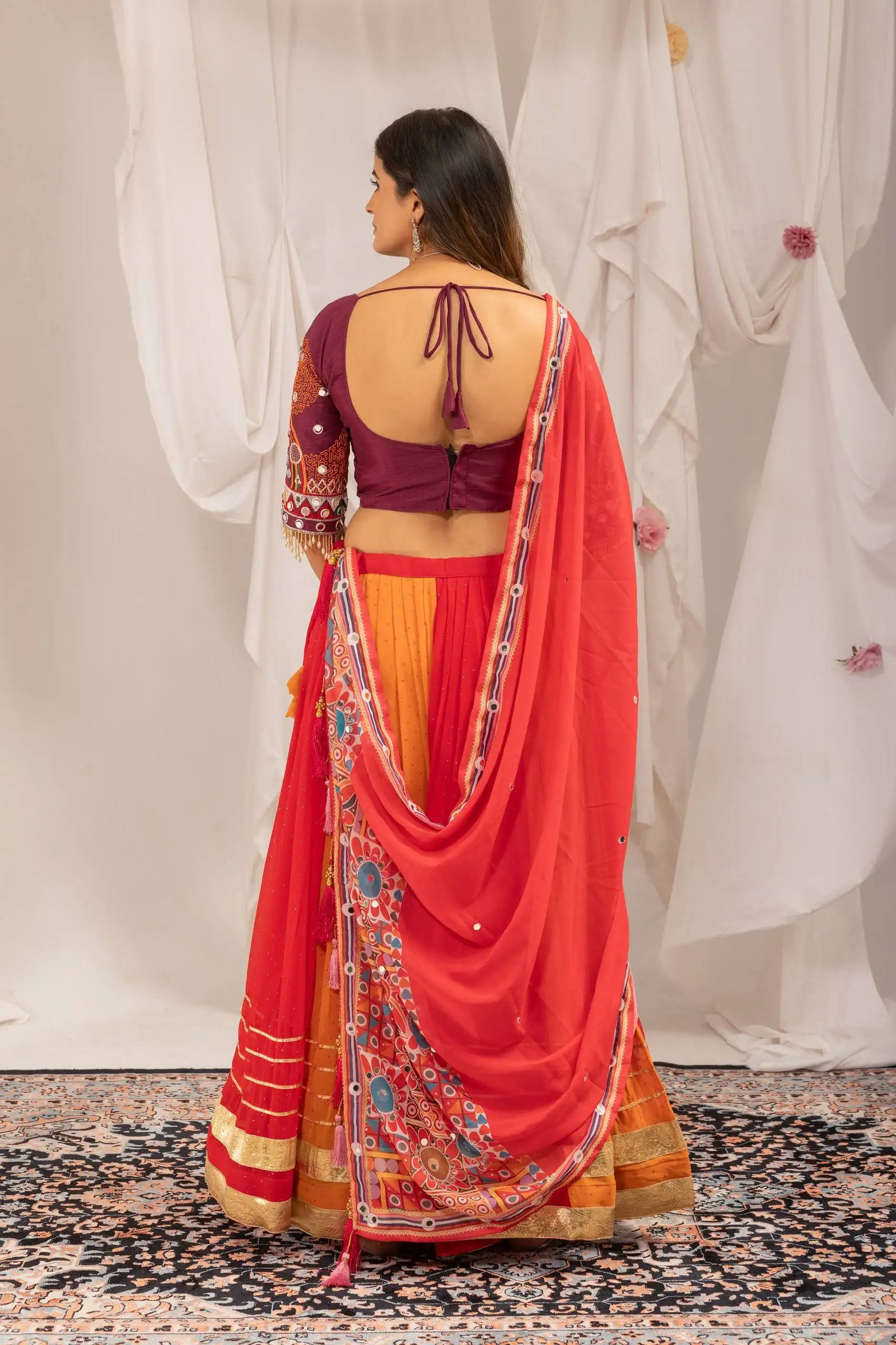 Orange and Red Lehenga Back View Open Dori Tie Up Choli KL175