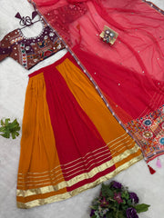 Orange and Red Lehenga Choli Dupatta Set Flat Lay KL175