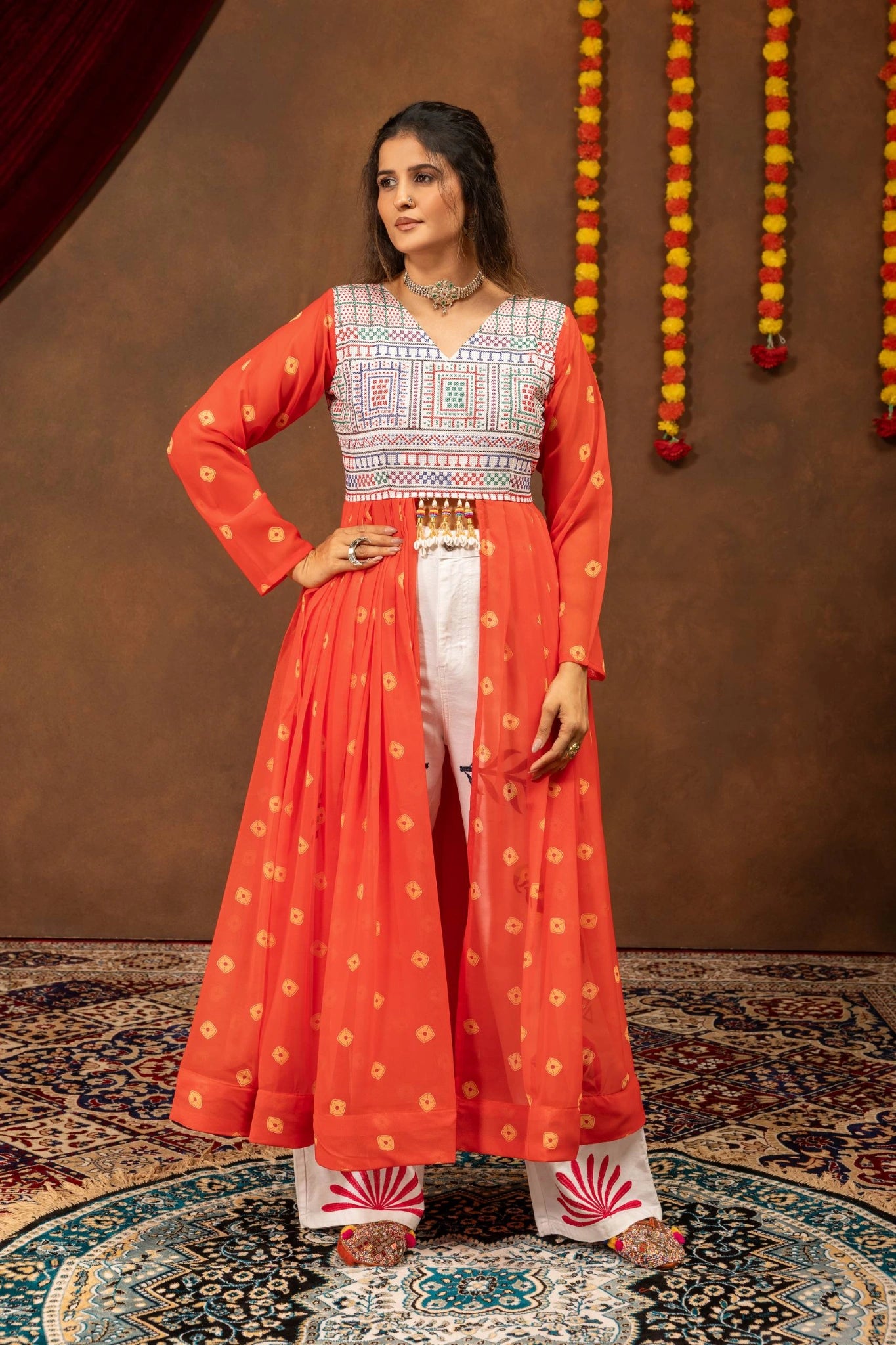 Orange Embroidered Coord Set Faux Georgette Shrug V-Neck Kutchi Work Kalyanja KC17