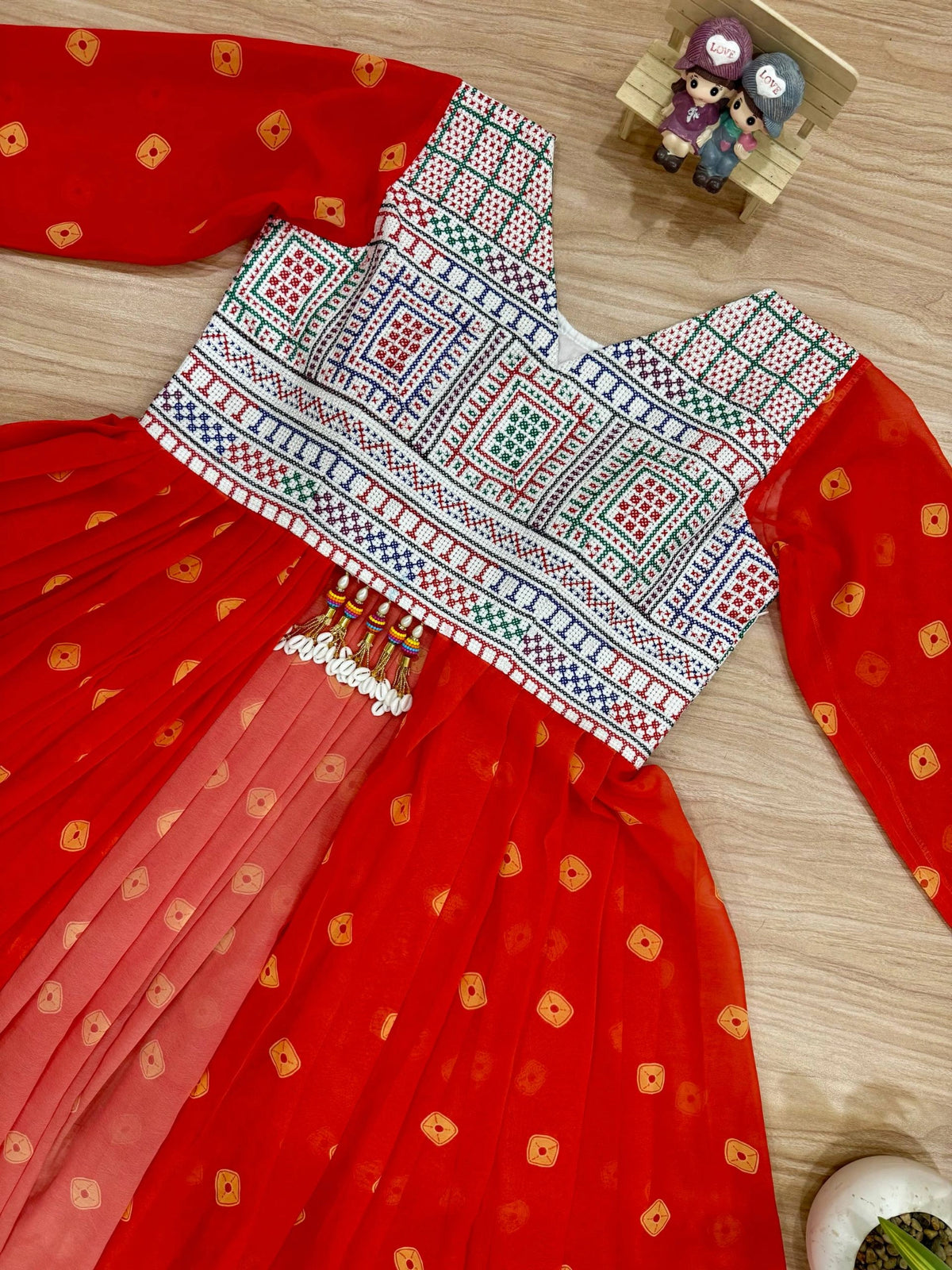 Orange Bandhani Shrug Flat Lay Kutchi Embroidery Yoke Kalyanja KC17