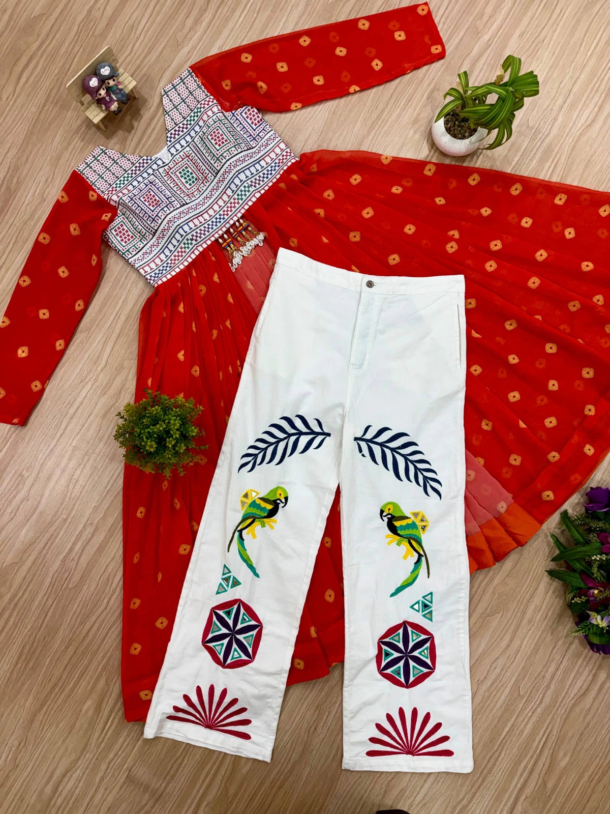Orange Embroidered Coord Set Flat Lay Both Pieces White Jeans Kalyanja KC17