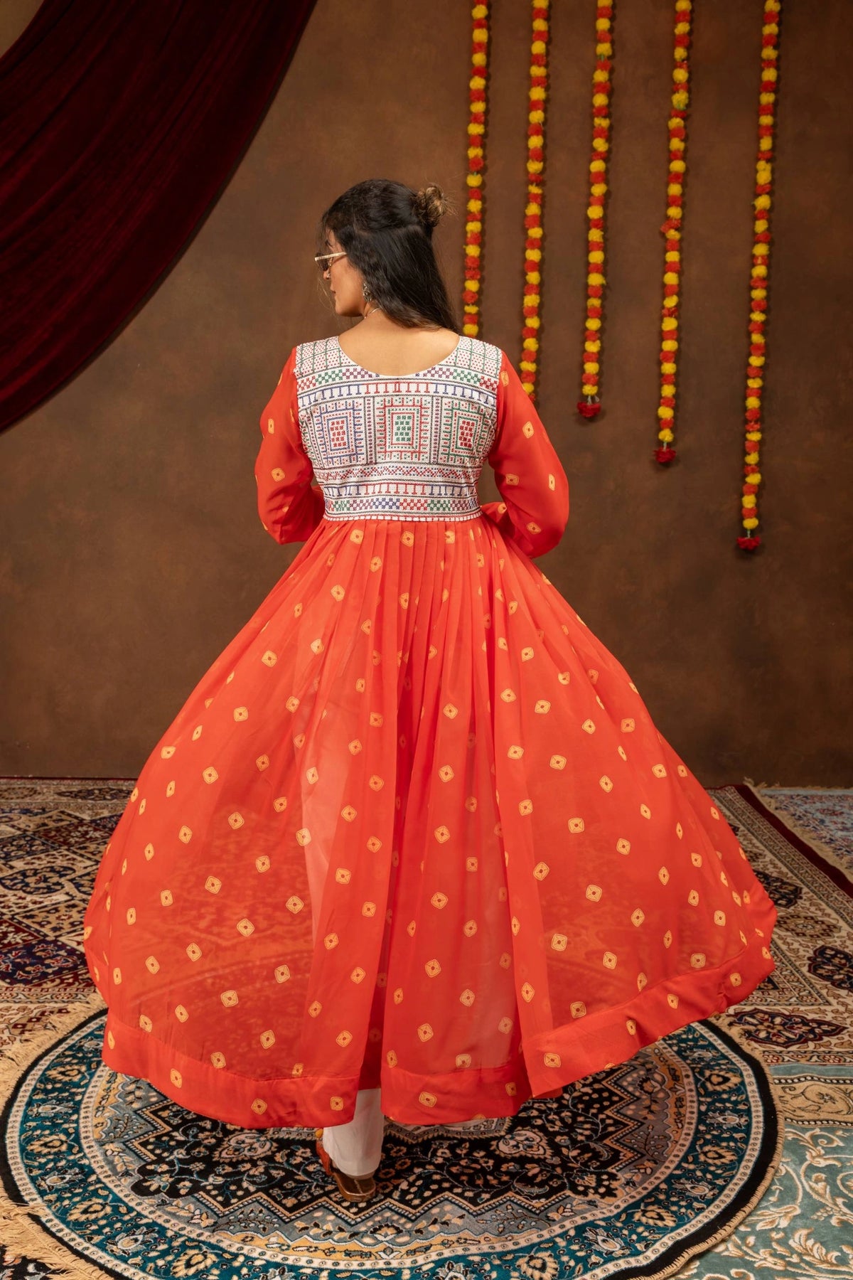 Orange Embroidered Coord Set Back View Covered Full Back Kalyanja KC17
