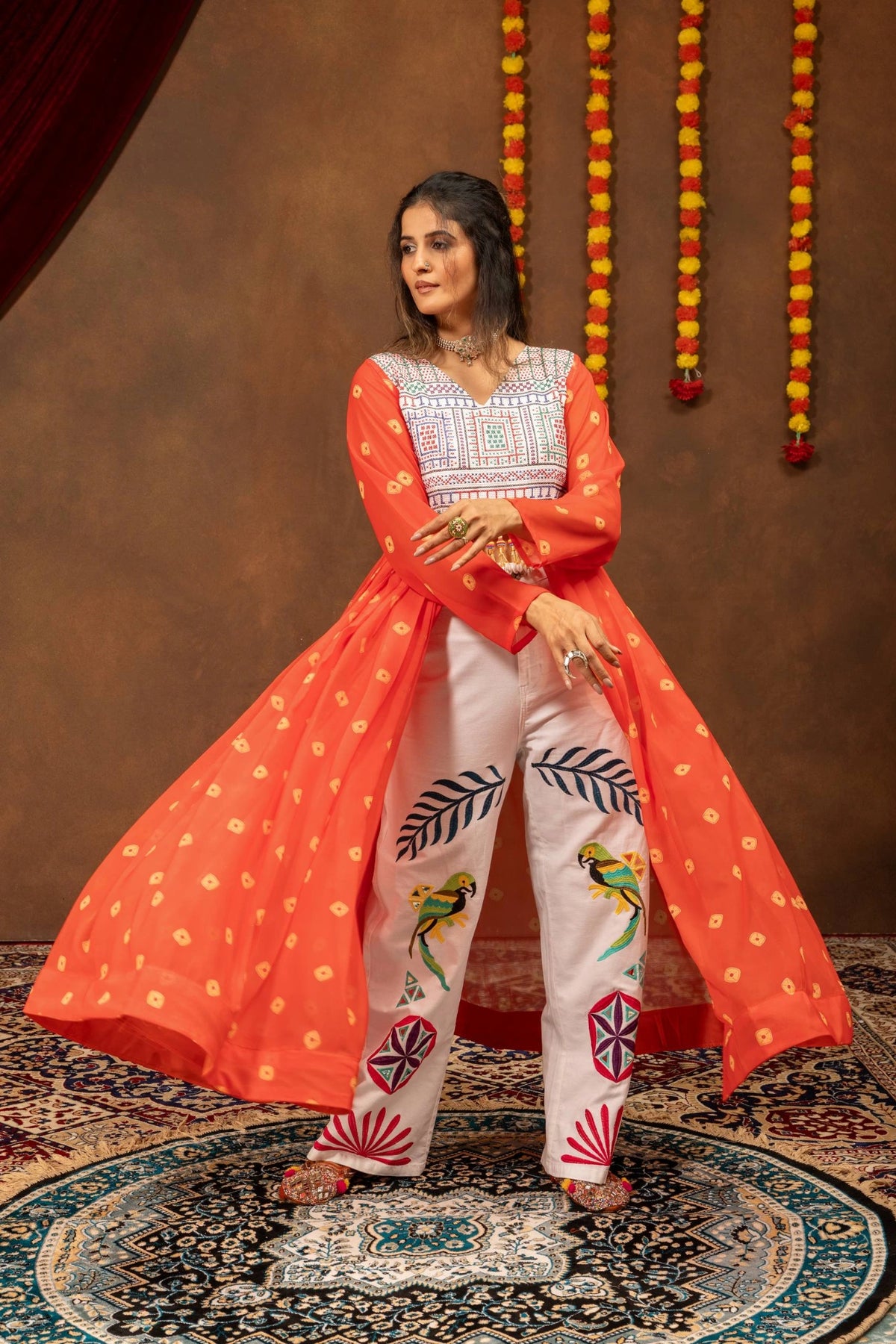 Orange Bandhani Shrug Flowing Full Length Model Kalyanja KC17
