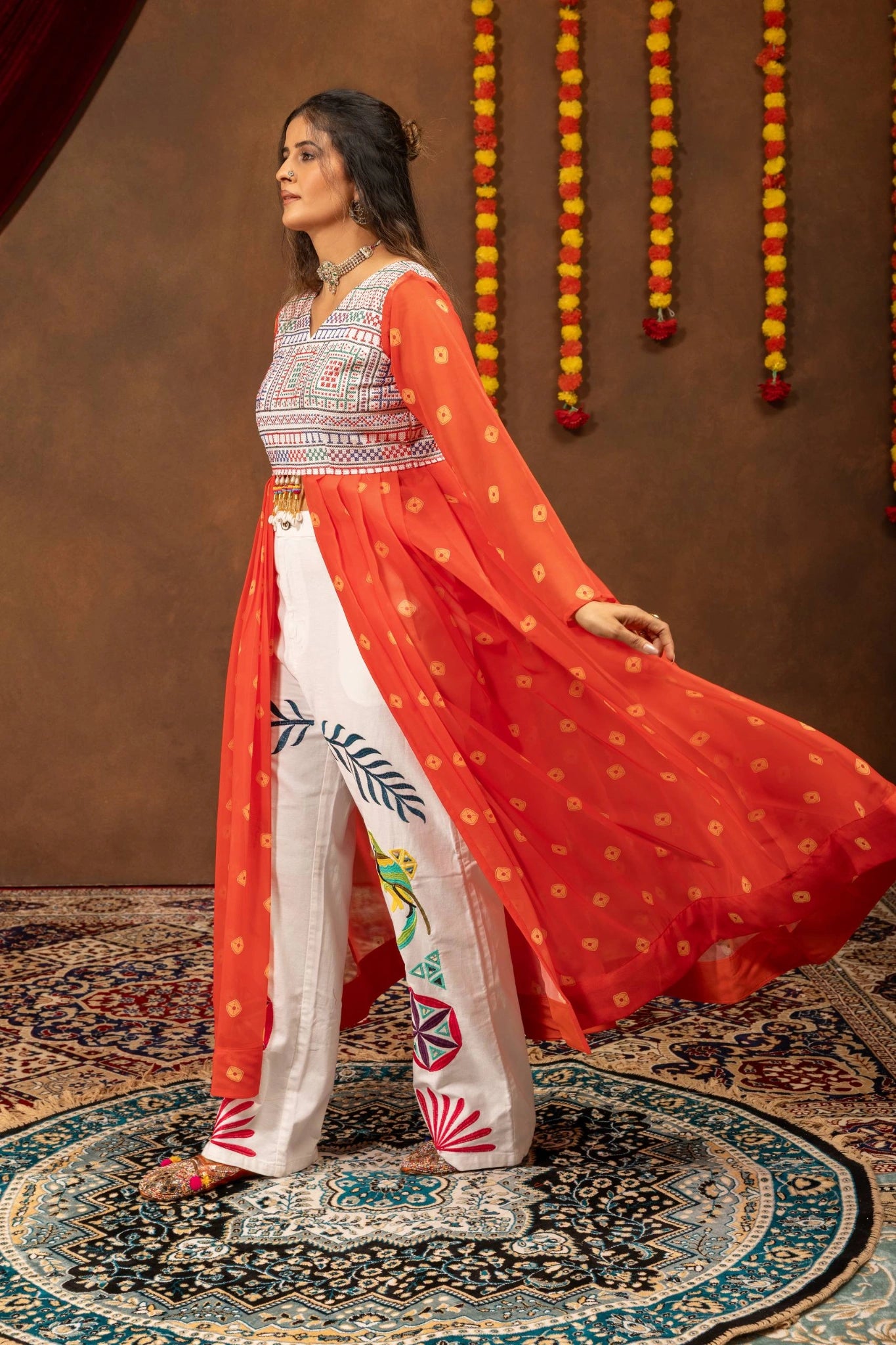 Orange Embroidered Coord Set Side Profile Maxi Shrug Kalyanja KC17