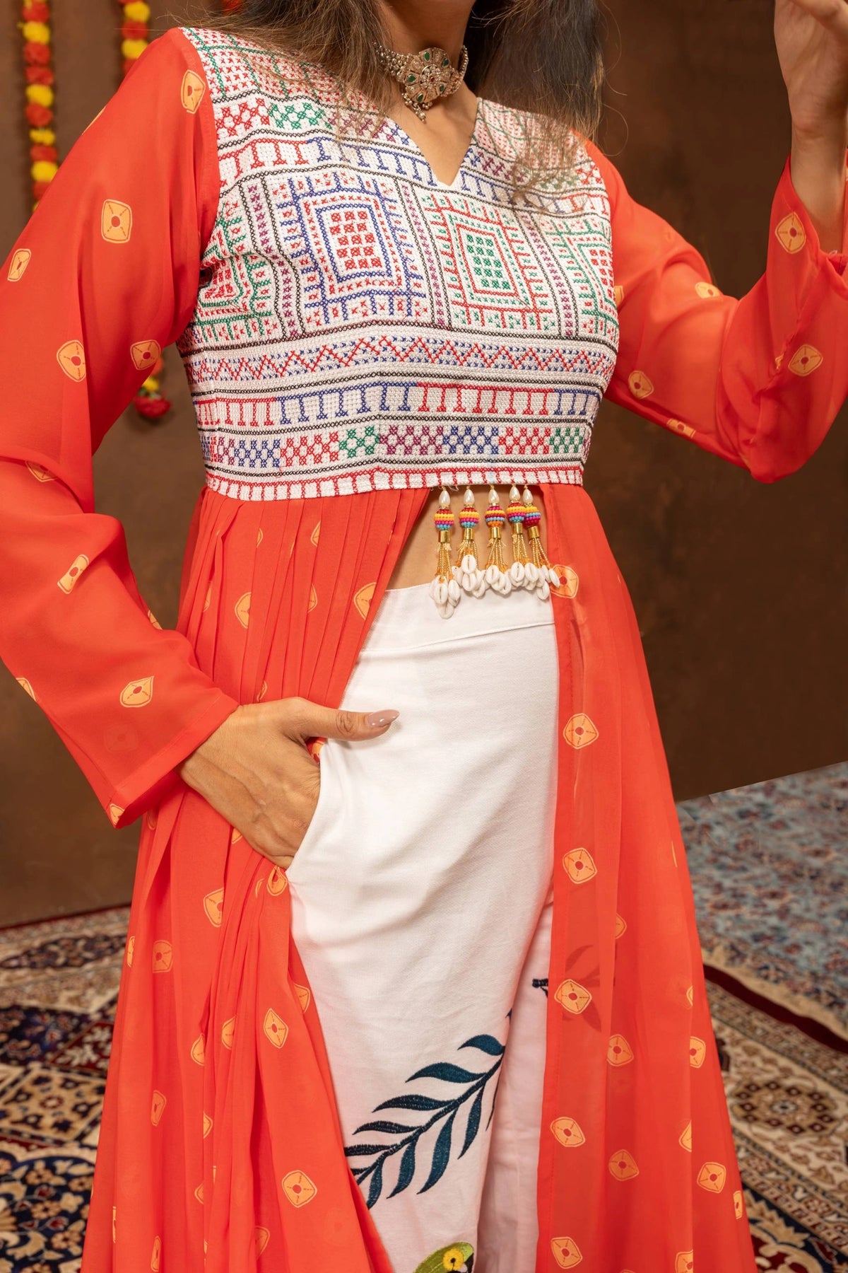 Kutchi Cross Stitch Embroidered Yoke V-Neck Close Up Kalyanja KC17