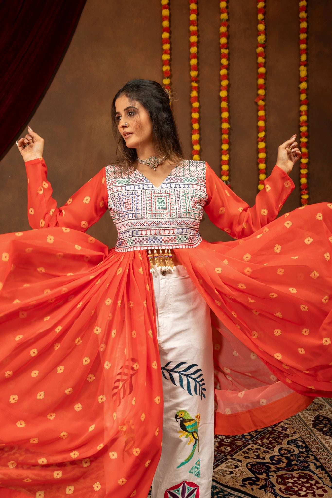 Orange Coord Set White Embroidered Jeans Parrot Motif Kalyanja KC17