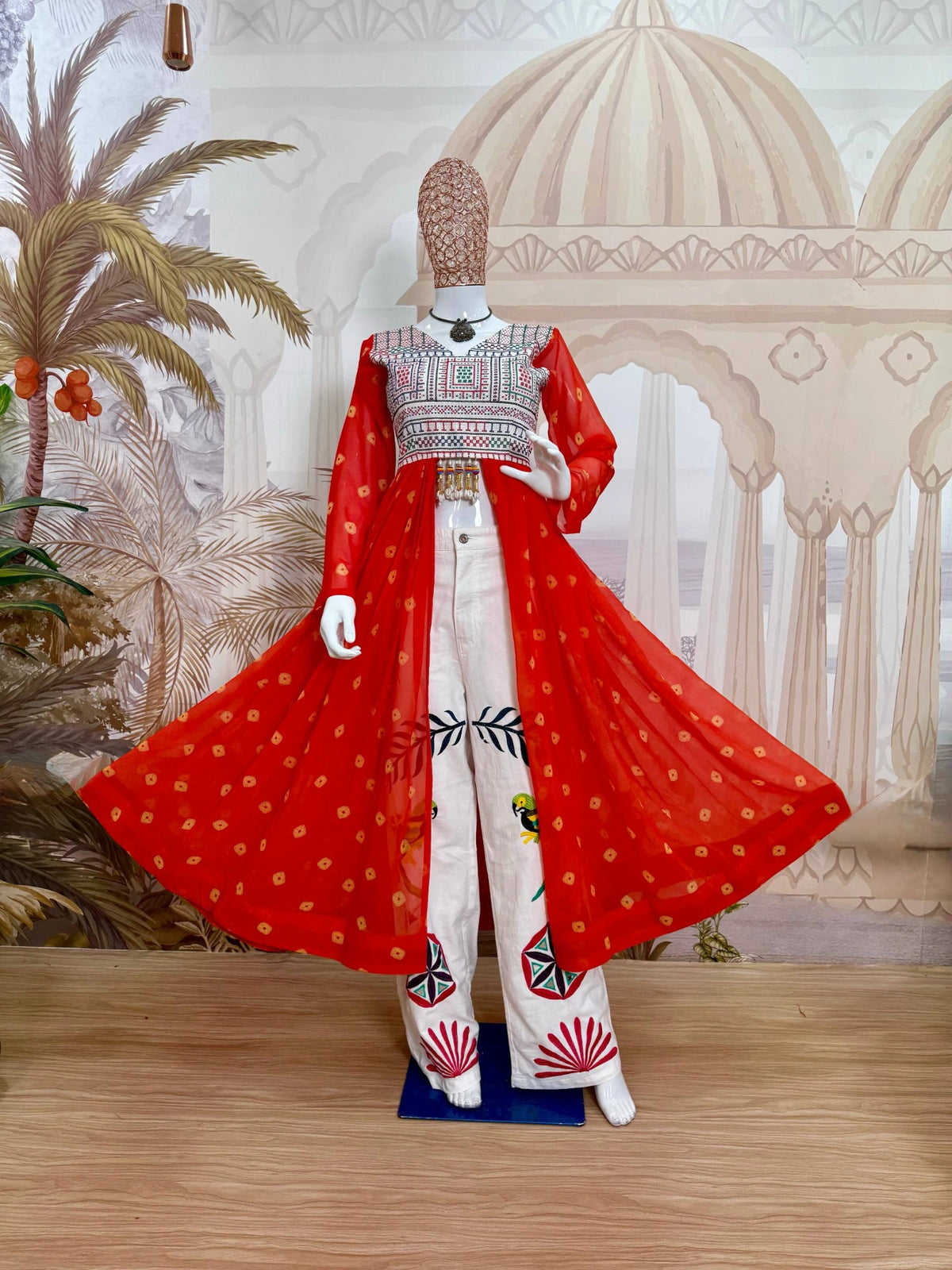 Orange Embroidered Coord Set Mannequin Full Length Rajasthani Backdrop Kalyanja KC17