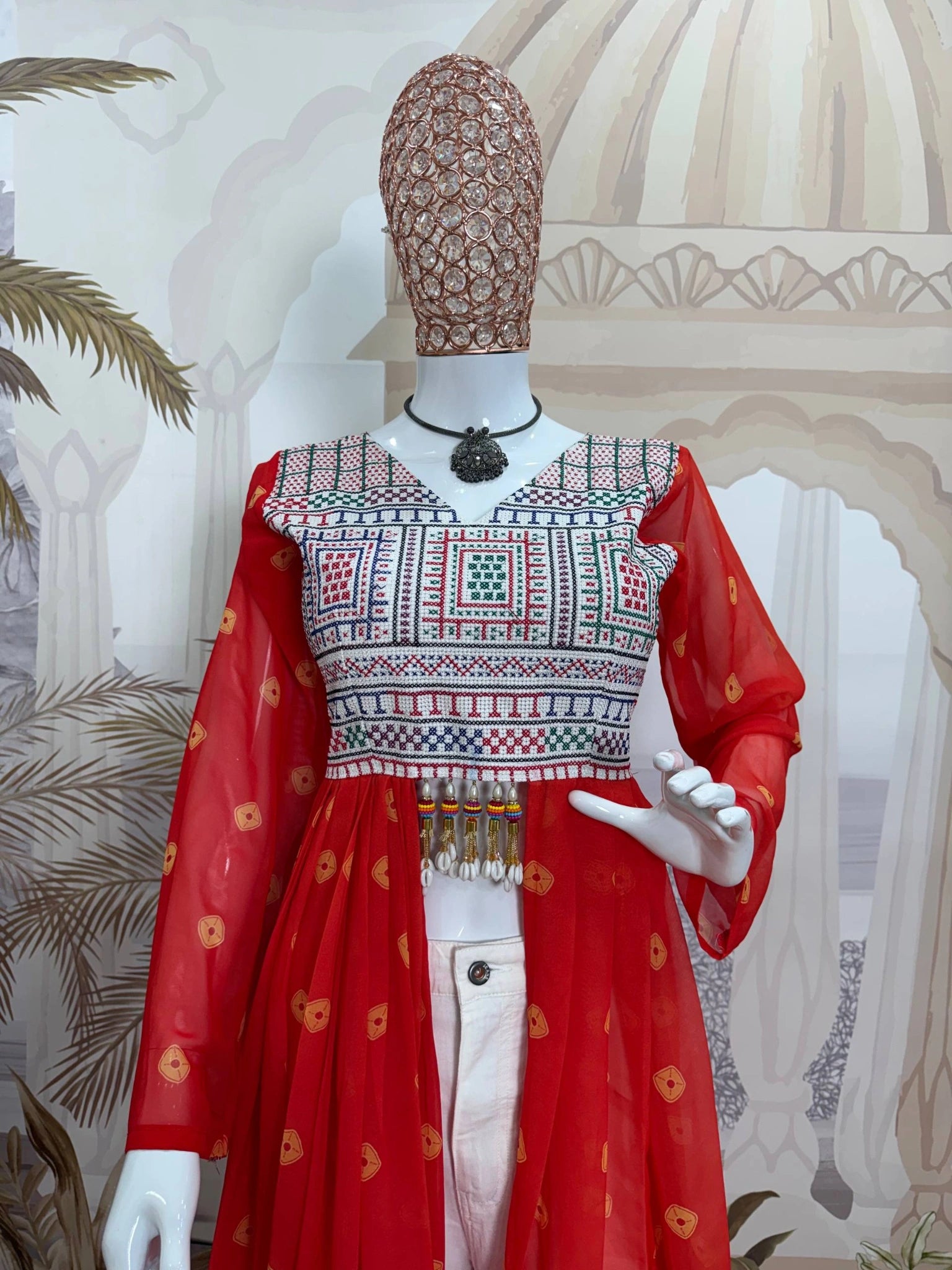 Kutchi Embroidered Yoke Mannequin Upper Body Close Up V-Neck Kalyanja KC17