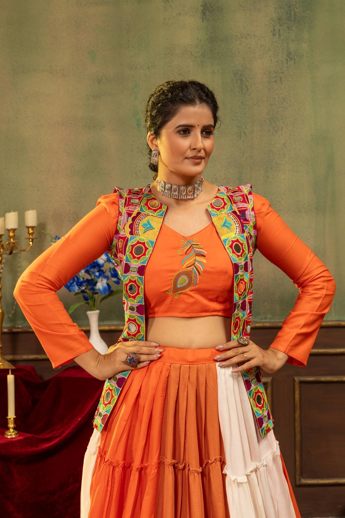 Orange Tiered Lehenga With Embroidered Jacket - Kalyanja KL193