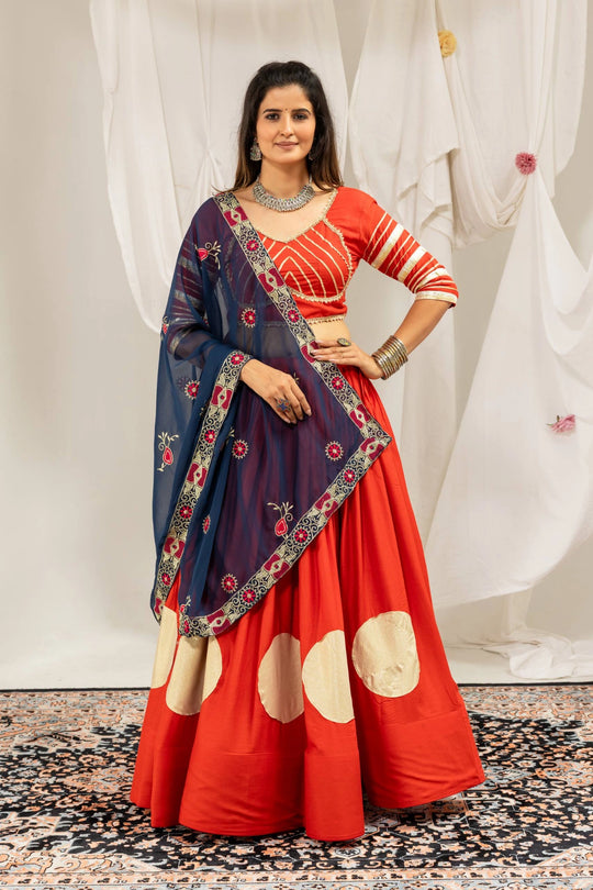 Orange Gota Work Lehenga Full Front View Disc Patches – KL202 – Kalyanja