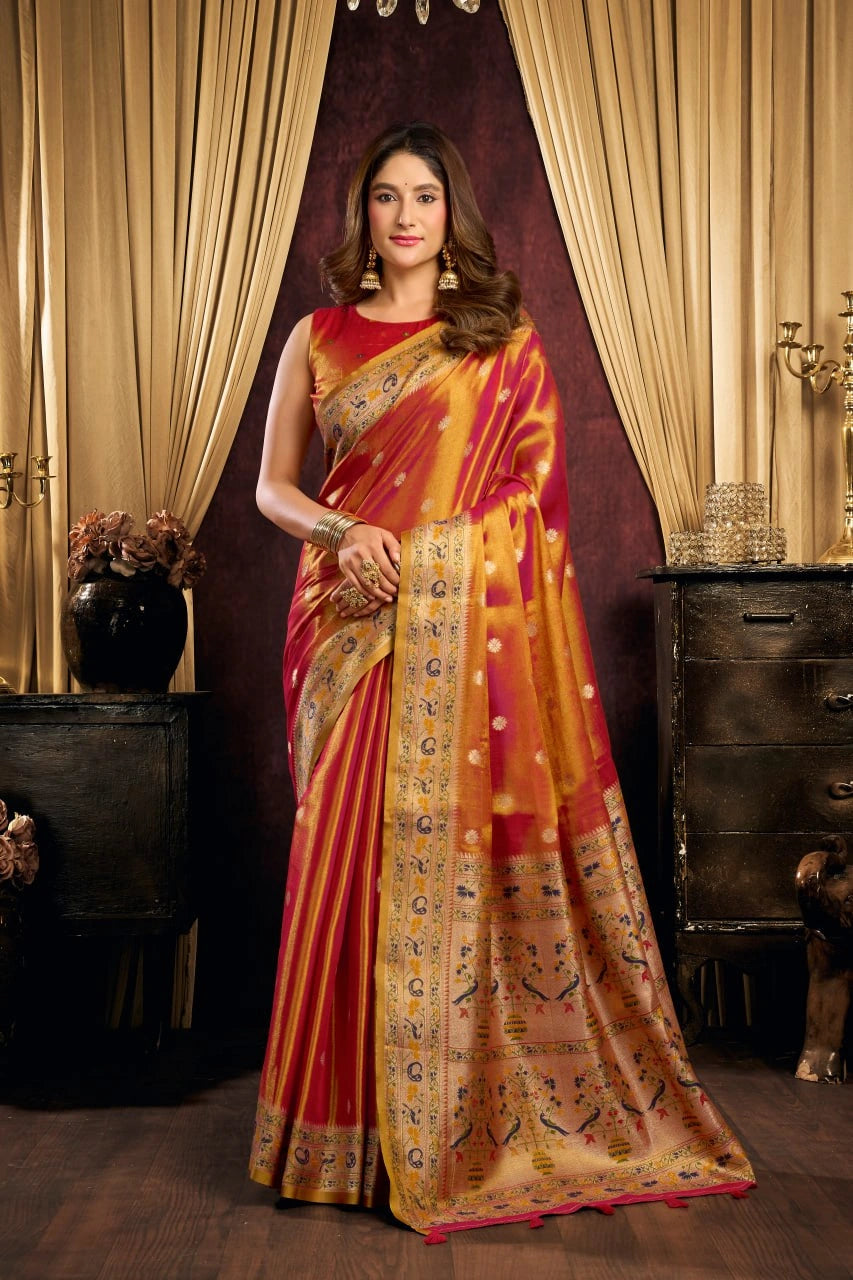 Orange Jacquard Weaving Saree full front – KS380