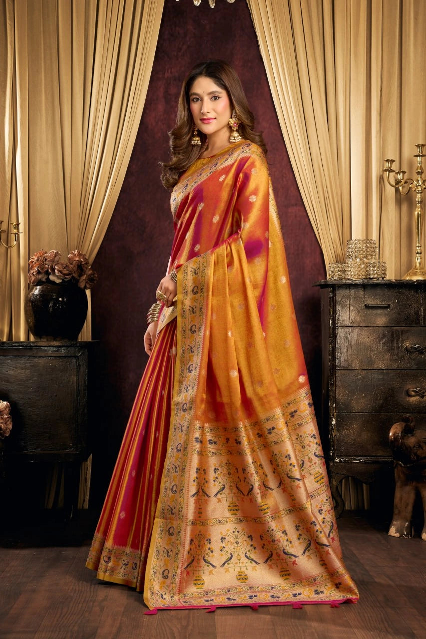 Orange Tissue Silk Saree model drape – KS380