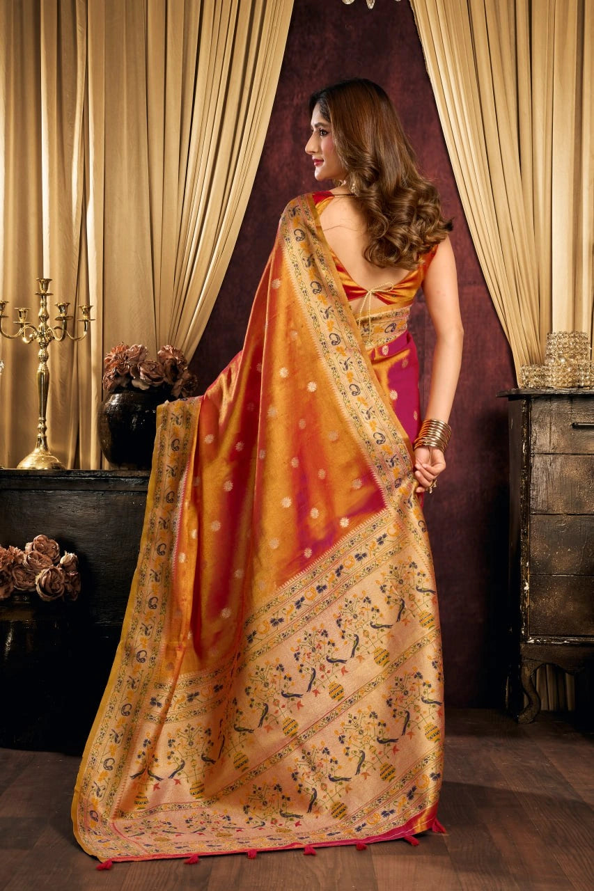 Orange Jacquard Saree Paithani border detail – KS380