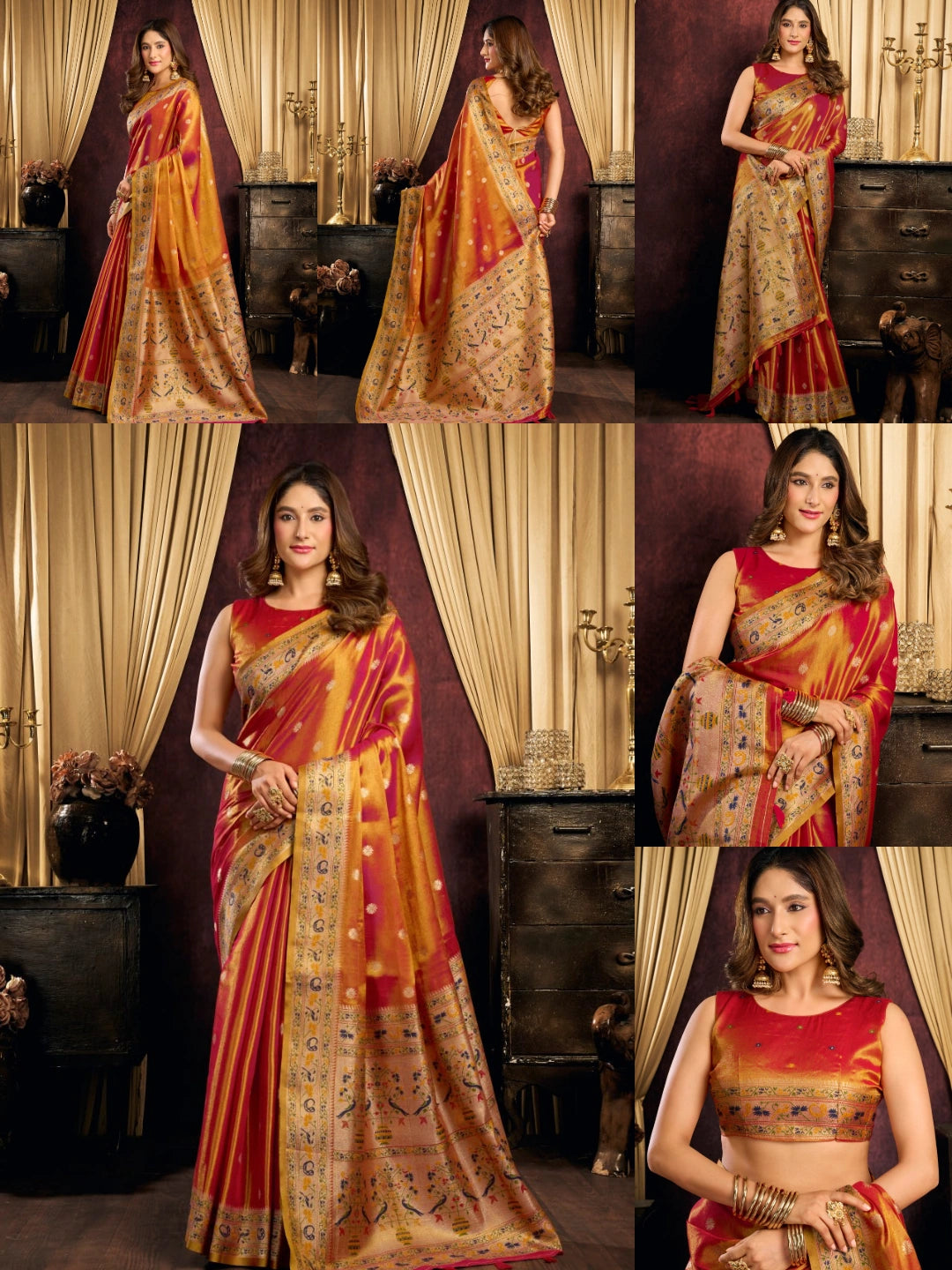 Orange Jacquard Weaving Saree collage – KS380 Kalyanja