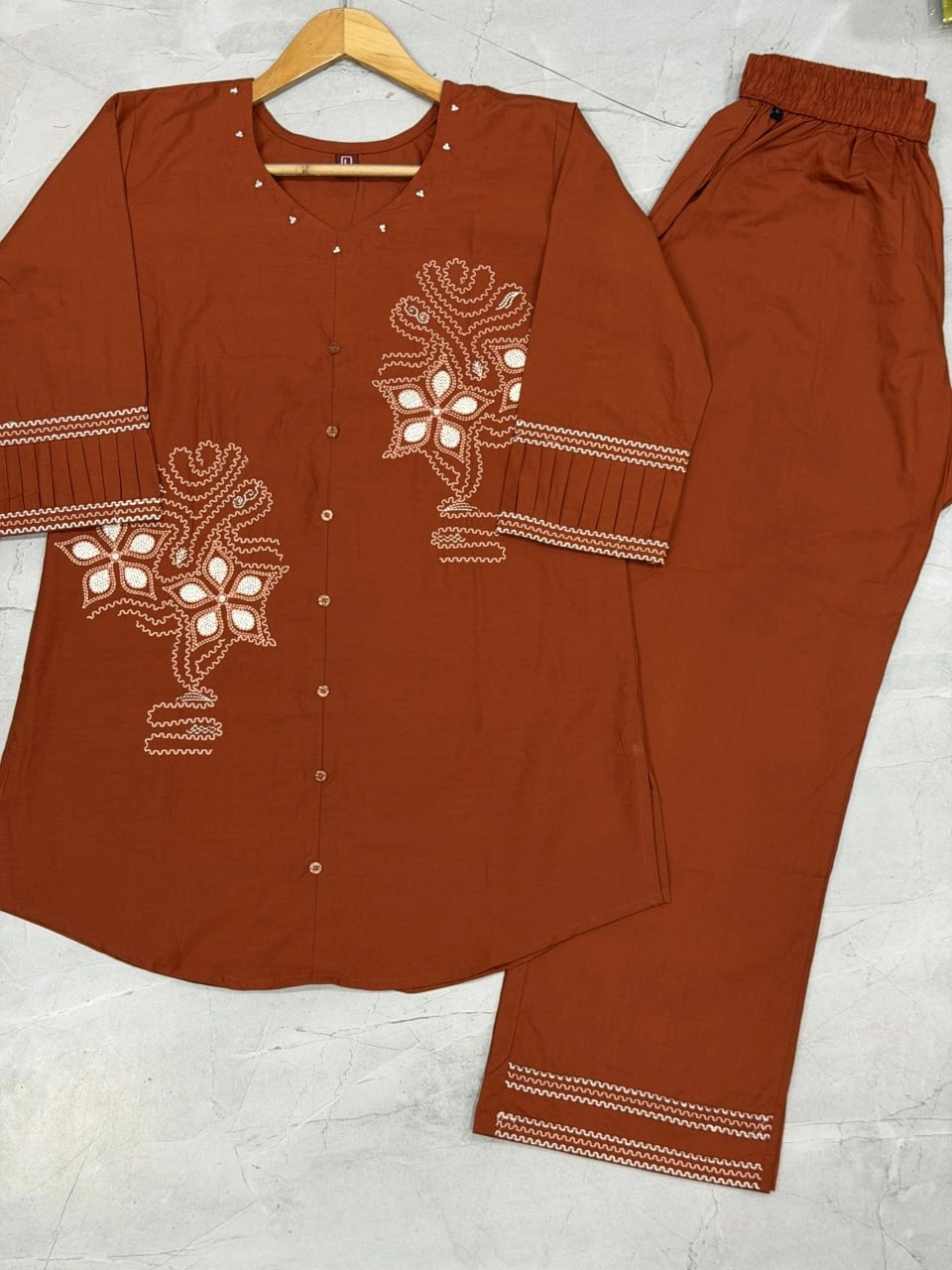 Orange Multi Thread Embroidered Coord Set – Flat Lay Floor View – KC11