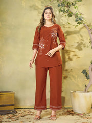 Orange Multi Thread Embroidered Coord Set – Front Full Length View – KC11