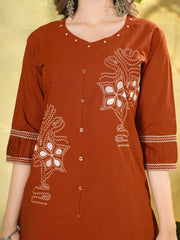 Orange Cotton Blend Coord Set – Upper Body Both Motifs Front View – KC11