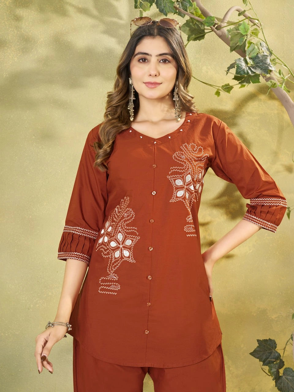 Orange Multi Thread Embroidered Coord Set – Upper Body Close Up – KC11
