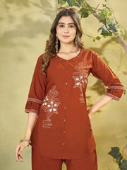 Orange Multi Thread Embroidered Coord Set – Upper Body Close Up – KC11