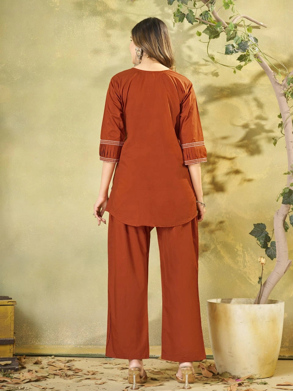 Orange Multi Thread Embroidered Coord Set – Back View Full Length – KC11