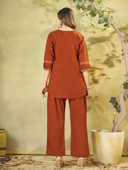 Orange Multi Thread Embroidered Coord Set – Back View Full Length – KC11