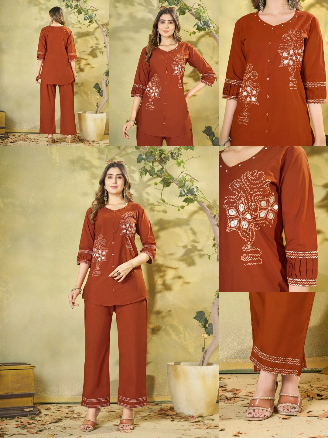 Orange Multi Thread Embroidered Coord Set – Multi Panel Collage – KC11