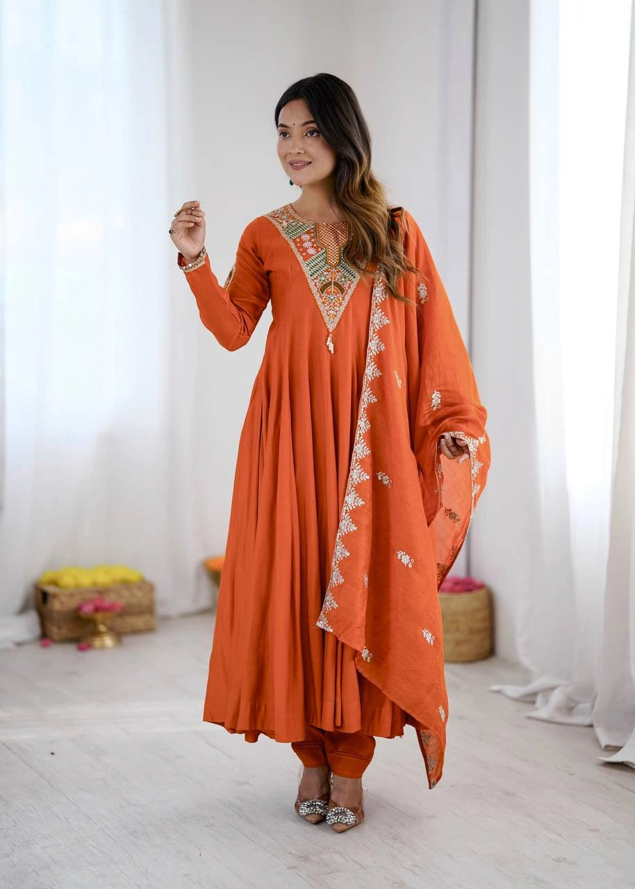 Orange Sequins Embroidered Suit Roman Silk Blend KU262 Kalyanja