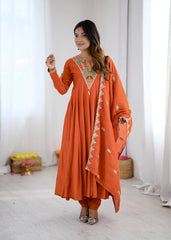 Orange Sequins Embroidered Suit Roman Silk Blend KU262 Kalyanja