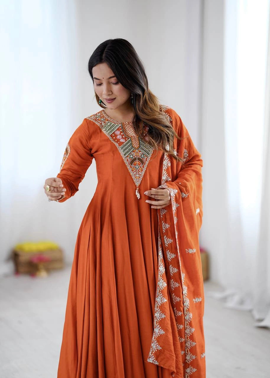 Orange Sequins Embroidered Suit full sleeve anarkali KU262 Kalyanja