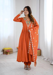 Orange Sequins Embroidered Suit front full length Anarkali KU262 Kalyanja
