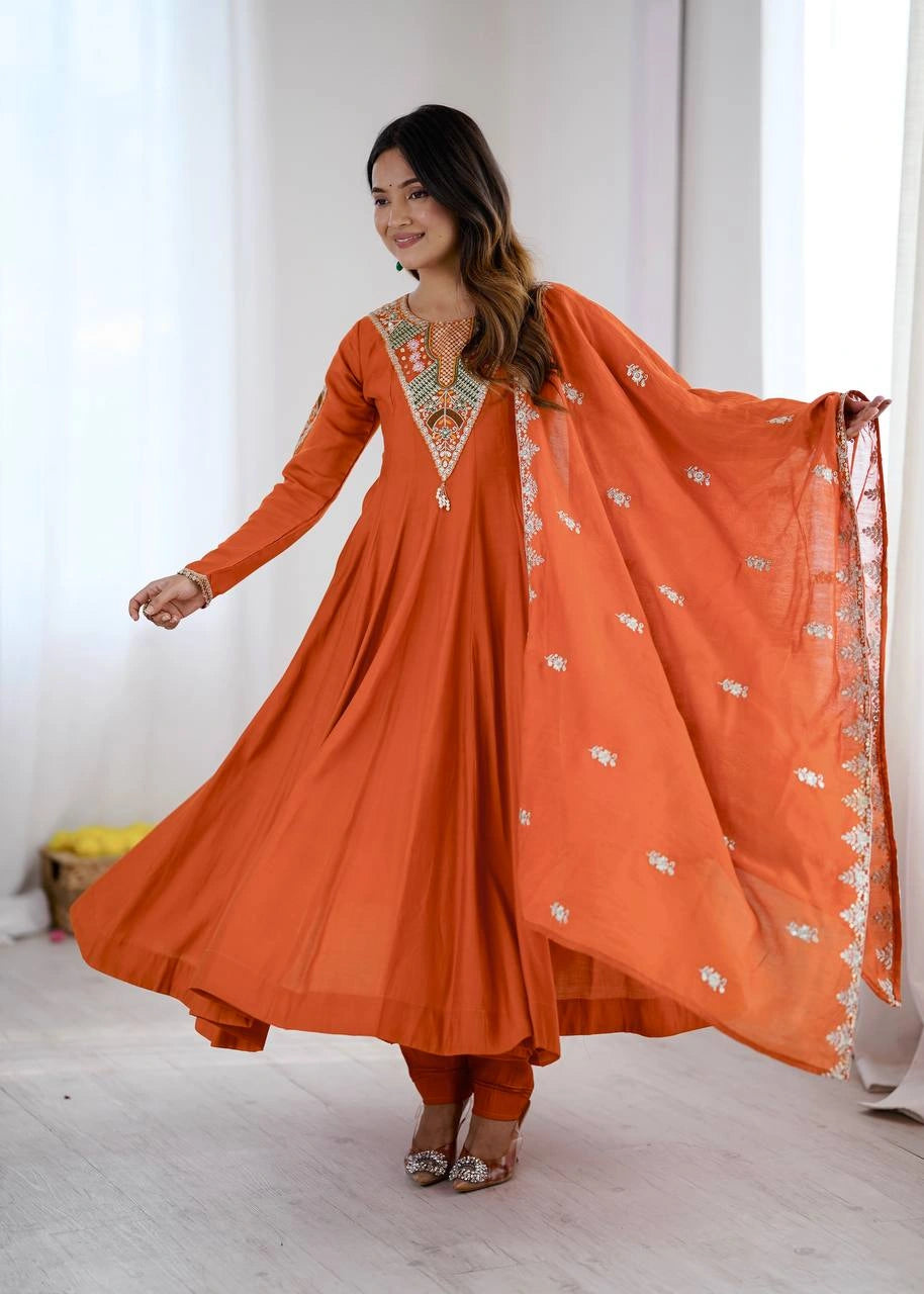 Orange Sequins Embroidered Suit dupatta spread full length KU262 Kalyanja