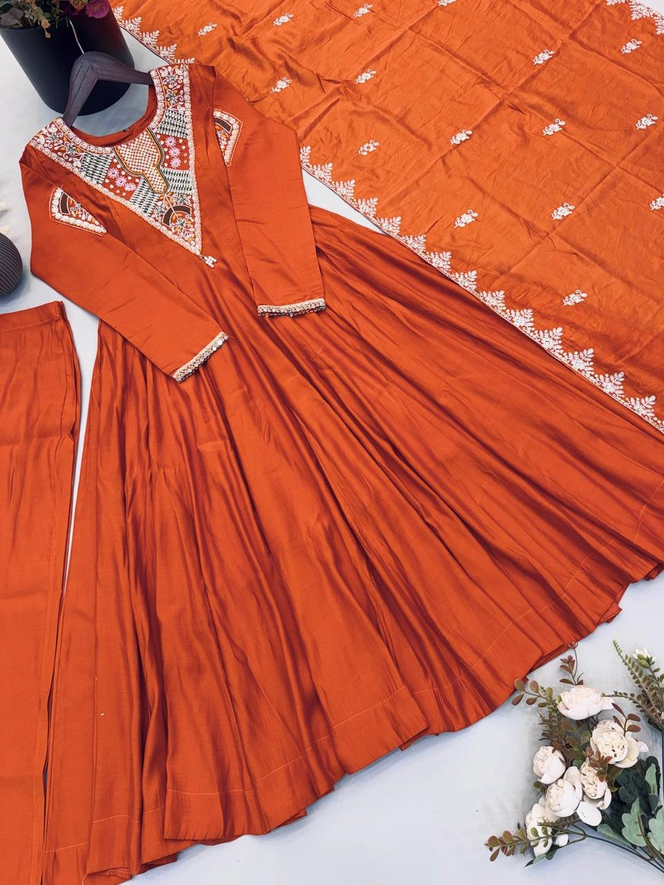 Orange Sequins Embroidered Suit flat lay full set pant dupatta KU262 Kalyanja
