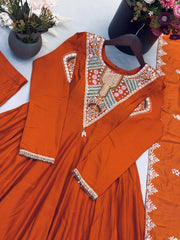 Orange Sequins Embroidered Suit flat lay yoke detail close up KU262 Kalyanja