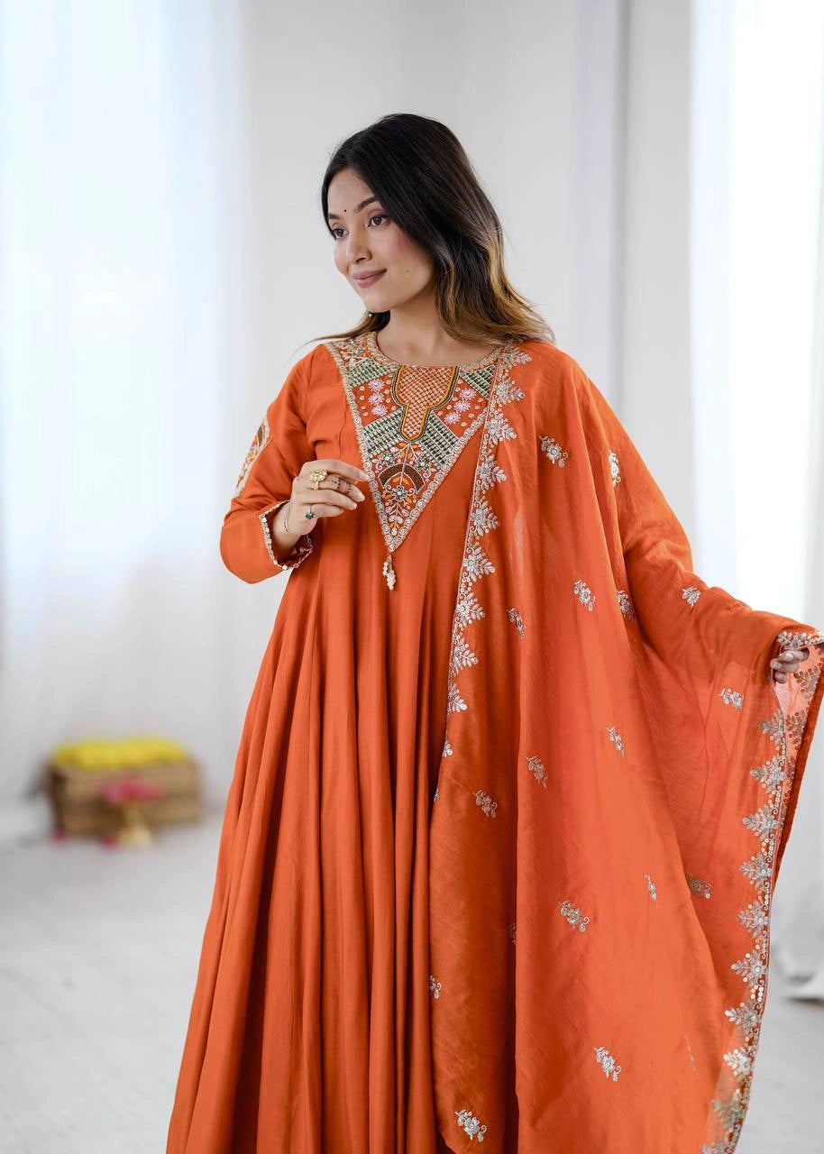 Orange Sequins Embroidered Suit upper body yoke detail KU262 Kalyanja