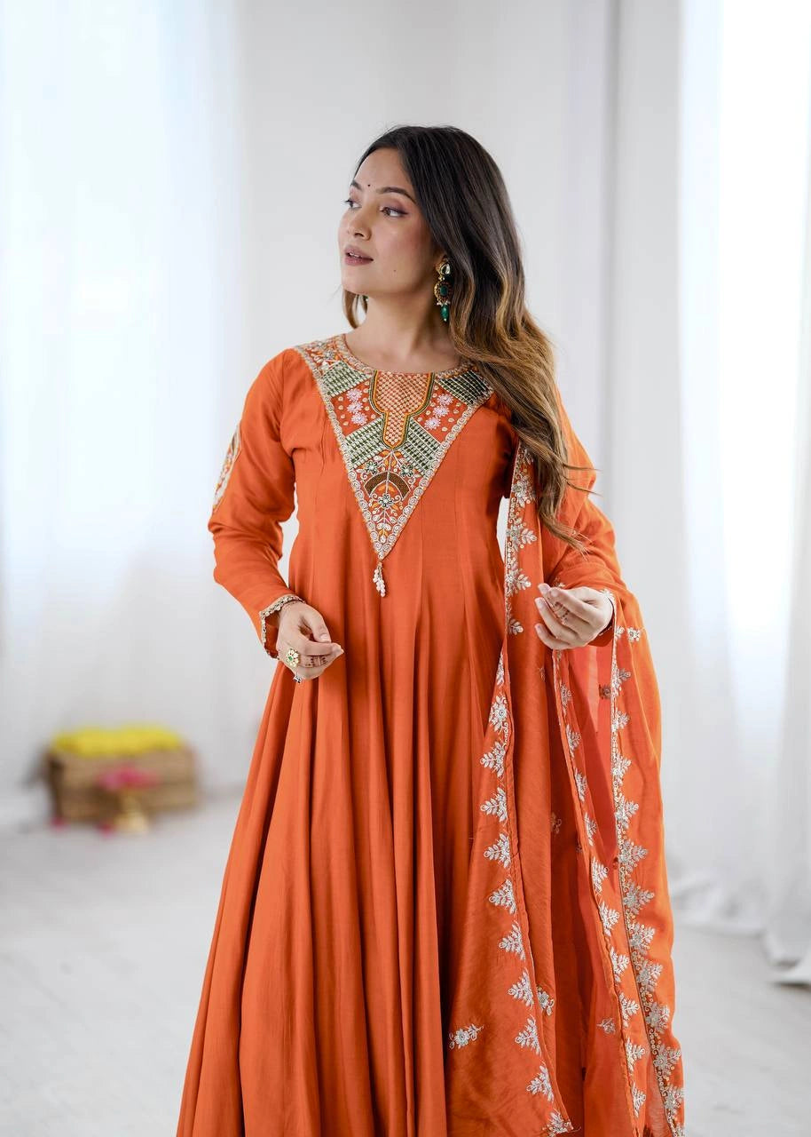 Orange Sequins Embroidered Suit yoke embroidery close up KU262 Kalyanja