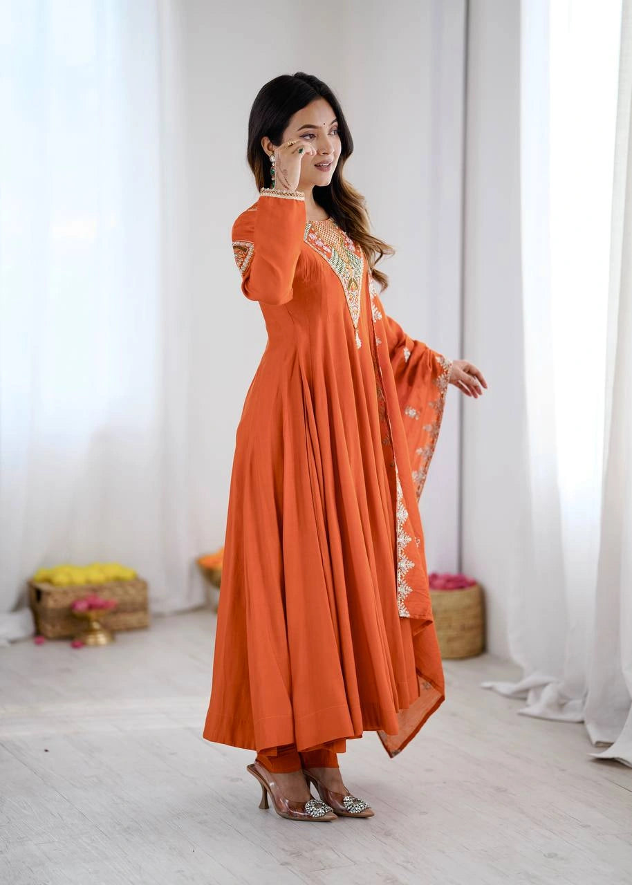 Orange Sequins Embroidered Suit side view 3 quarter KU262 Kalyanja