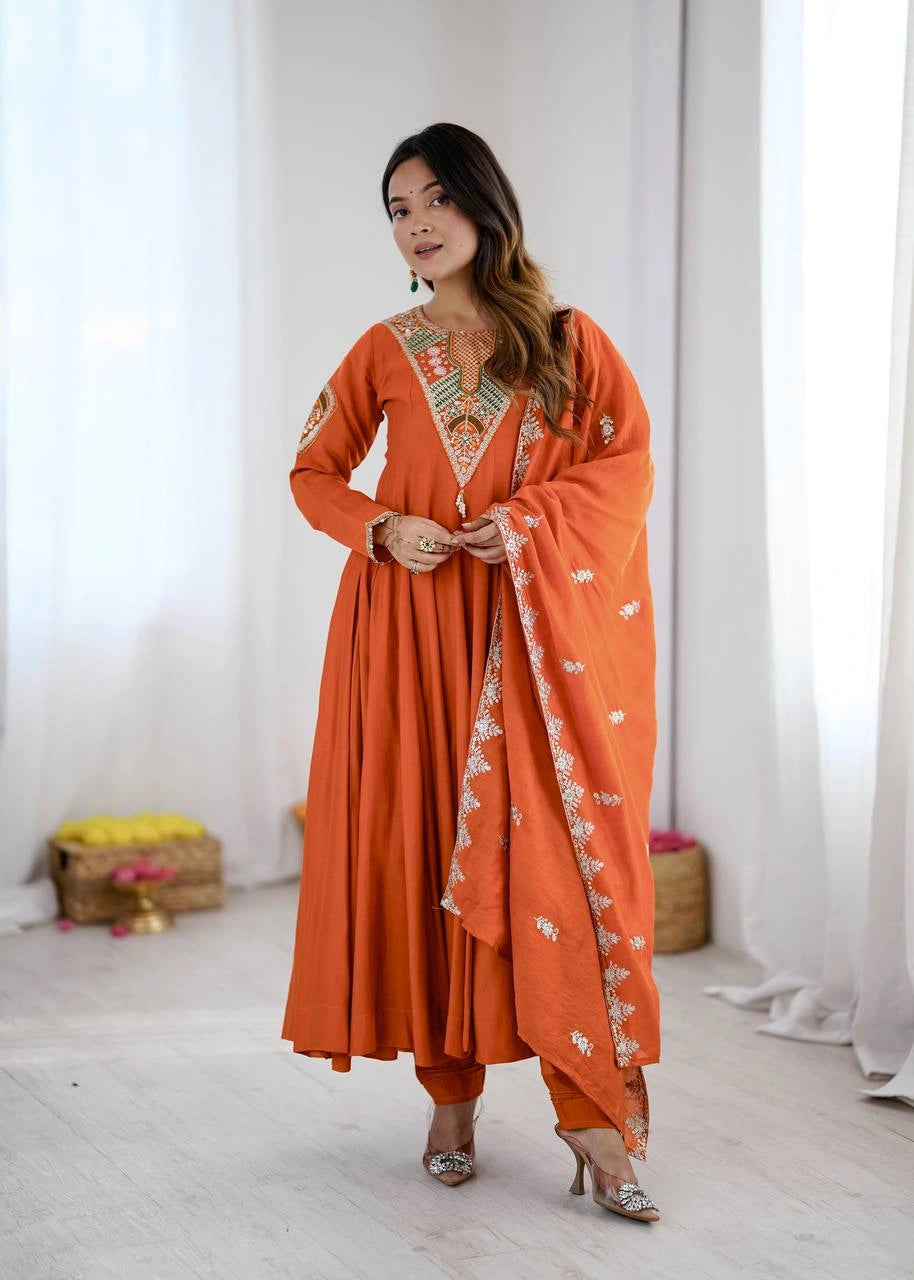 Orange Sequins Embroidered Suit model pose KU262 Kalyanja