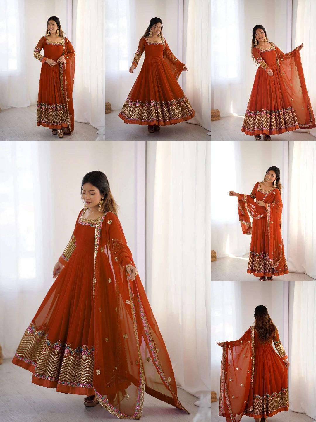Orange Sequins Embroidered Anarkali Suit panoramic overhead KU264