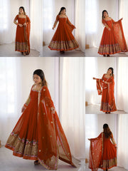 Orange Sequins Embroidered Anarkali Suit panoramic overhead KU264