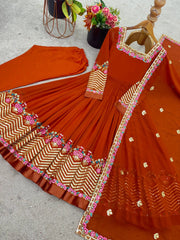 Orange Anarkali Suit all pieces overhead flatlay faux blooming KU264