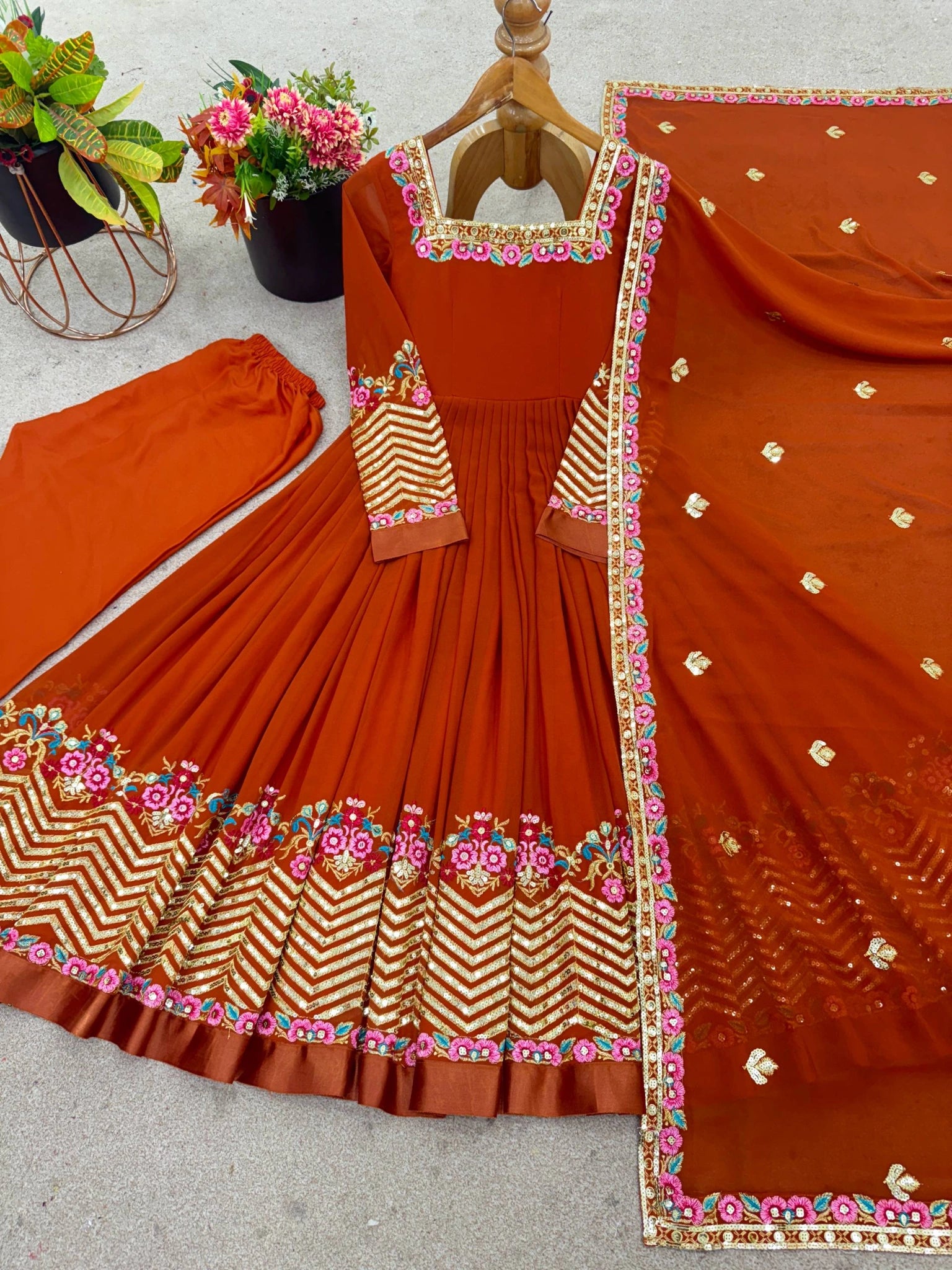 Orange Sequins Suit panoramic flatlay suit pant dupatta display KU264