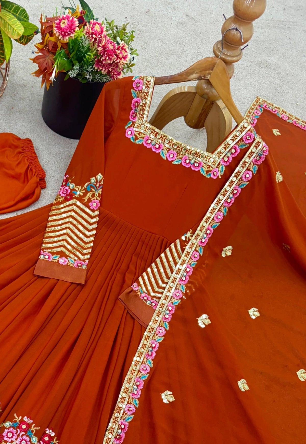 Orange Anarkali Suit large overhead flatlay gold chevron hem KU264