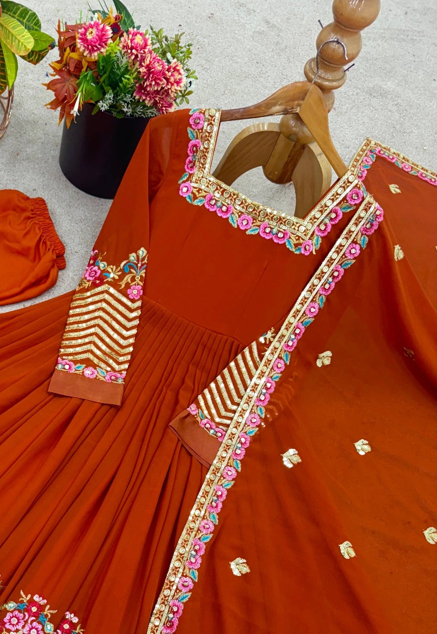 Orange Anarkali Suit large overhead flatlay gold chevron hem KU264