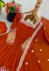 Orange Anarkali Suit large overhead flatlay gold chevron hem KU264