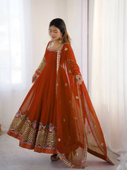 Orange Anarkali Suit flatlay hanger pant dupatta KU264