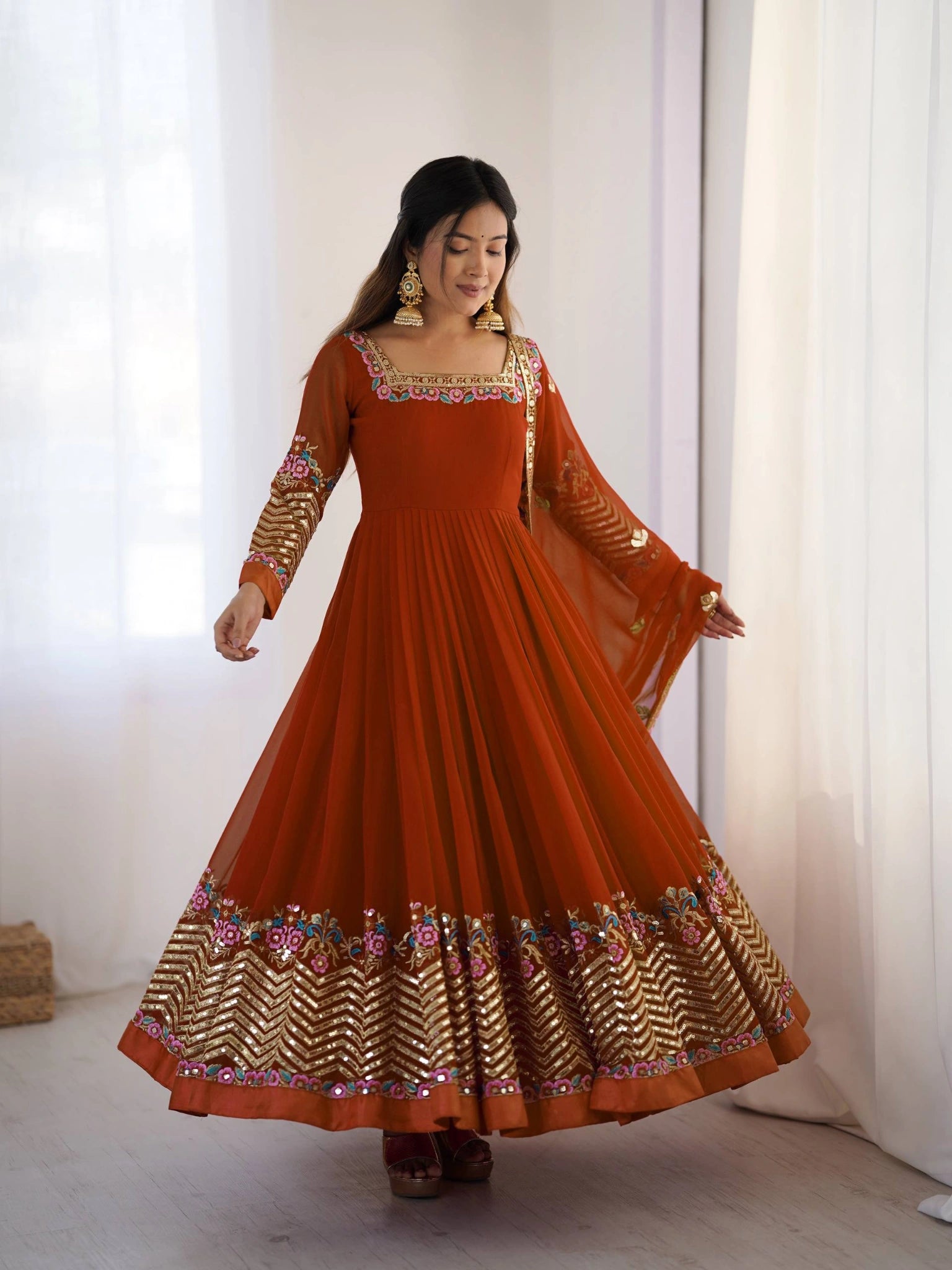 Orange Anarkali sequins moti embroidery detail flatlay KU264