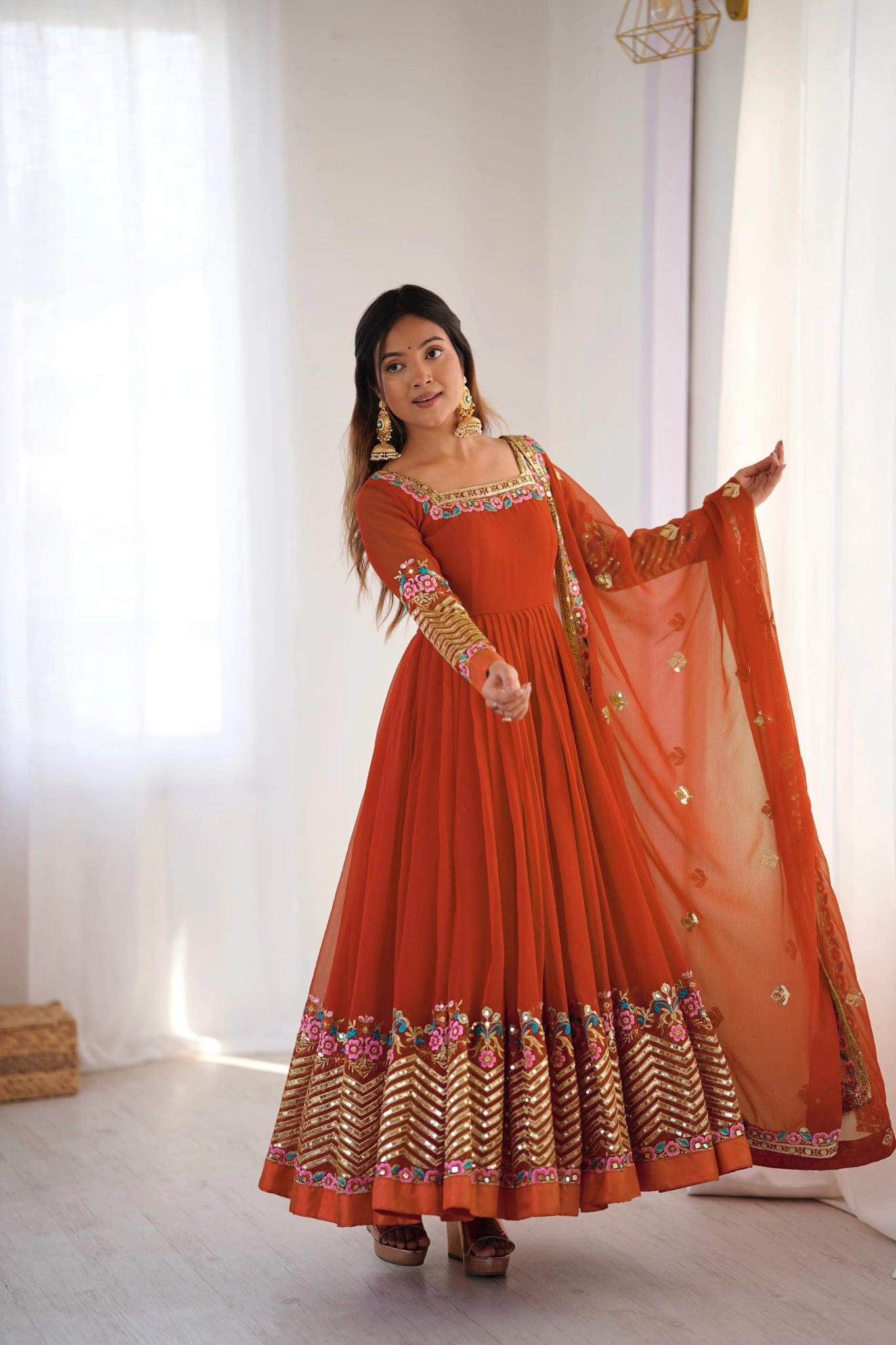 Orange Faux Blooming Suit flatlay neckline moti close up KU264