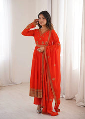Orange Sequins Embroidered Suit – Anarkali Pant Set with Dupatta