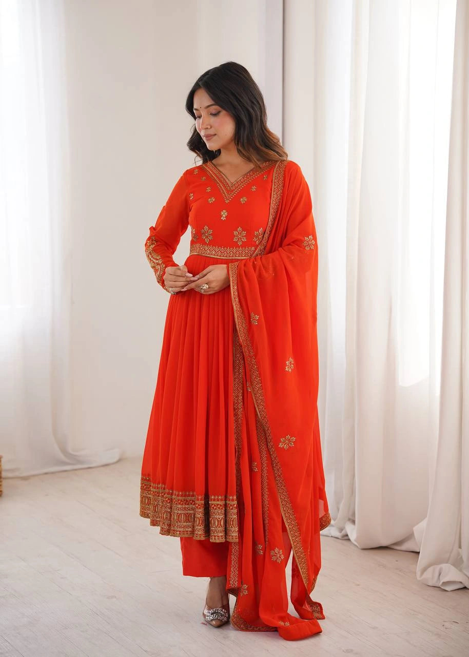 Orange Sequins Embroidered Suit – Anarkali Pant Set with Dupatta