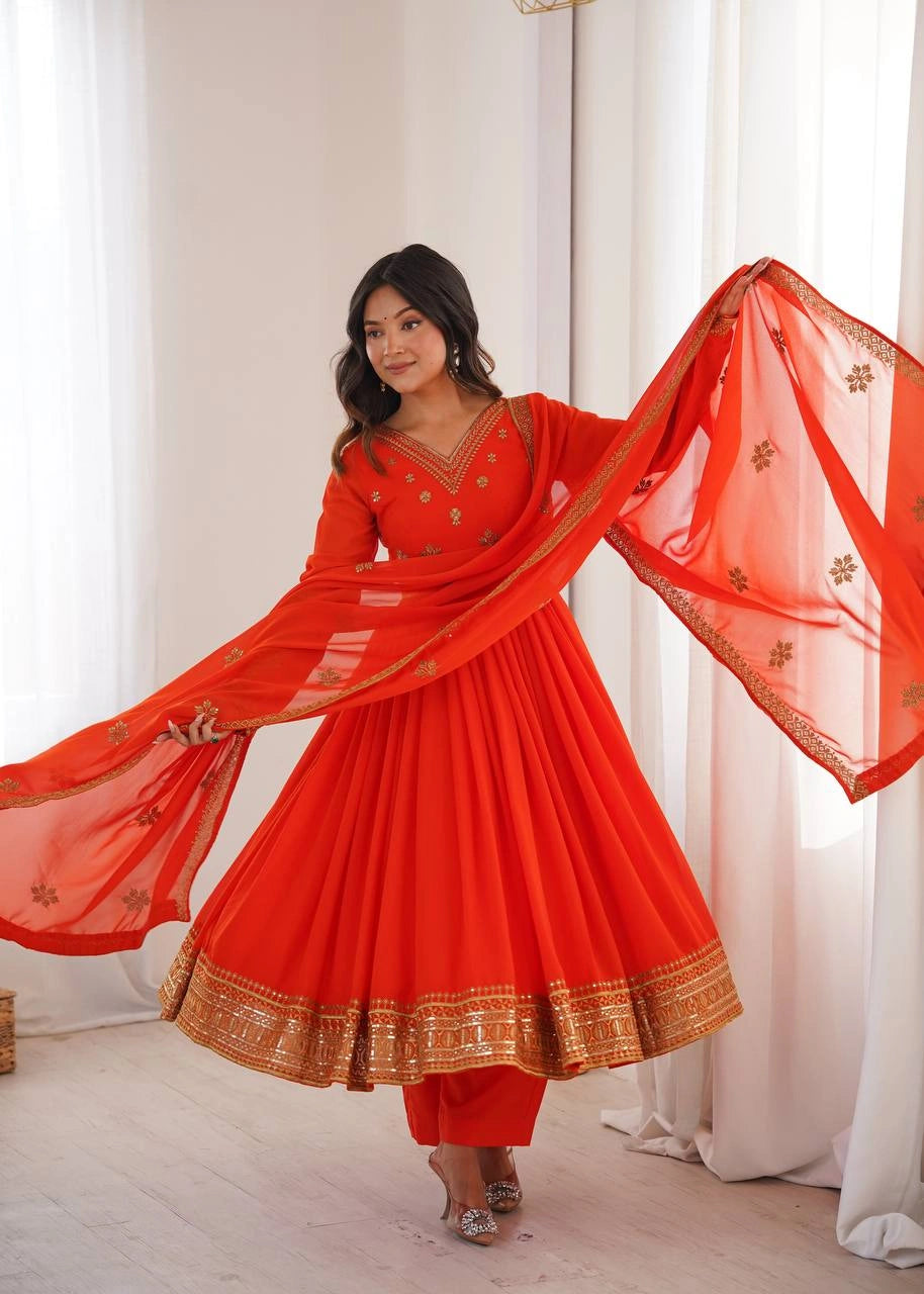 Orange Sequins Embroidered Suit – Anarkali Pant Set with Dupatta